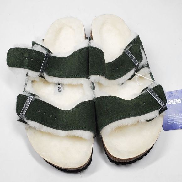 New Birkenstock Arizona Mountain Green Shearling Sandals - Picture 2 of 7